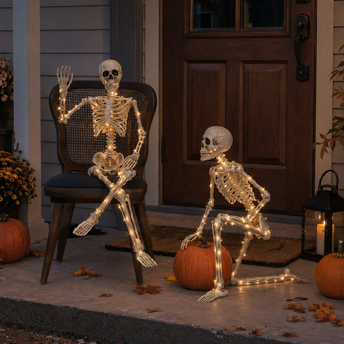 Two decorative skeleton yard decorations with warm white LED lights are displayed on a front porch. One skeleton sits on a dark wooden chair, and the other kneels on a pumpkin.