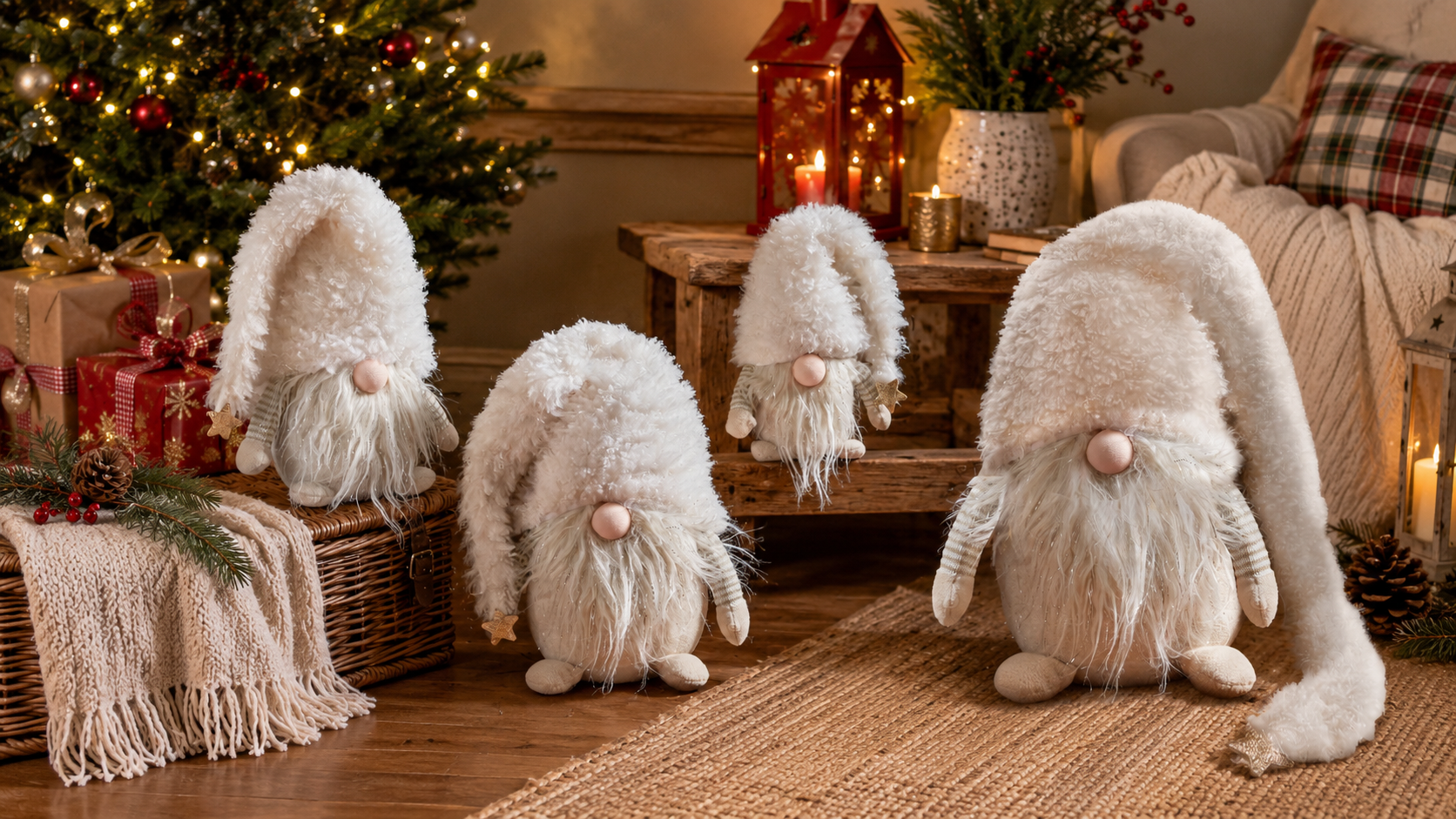 White gonk sitting on stool with legs dangling, LED warm white starm on the hat and Christmas tree in the background.