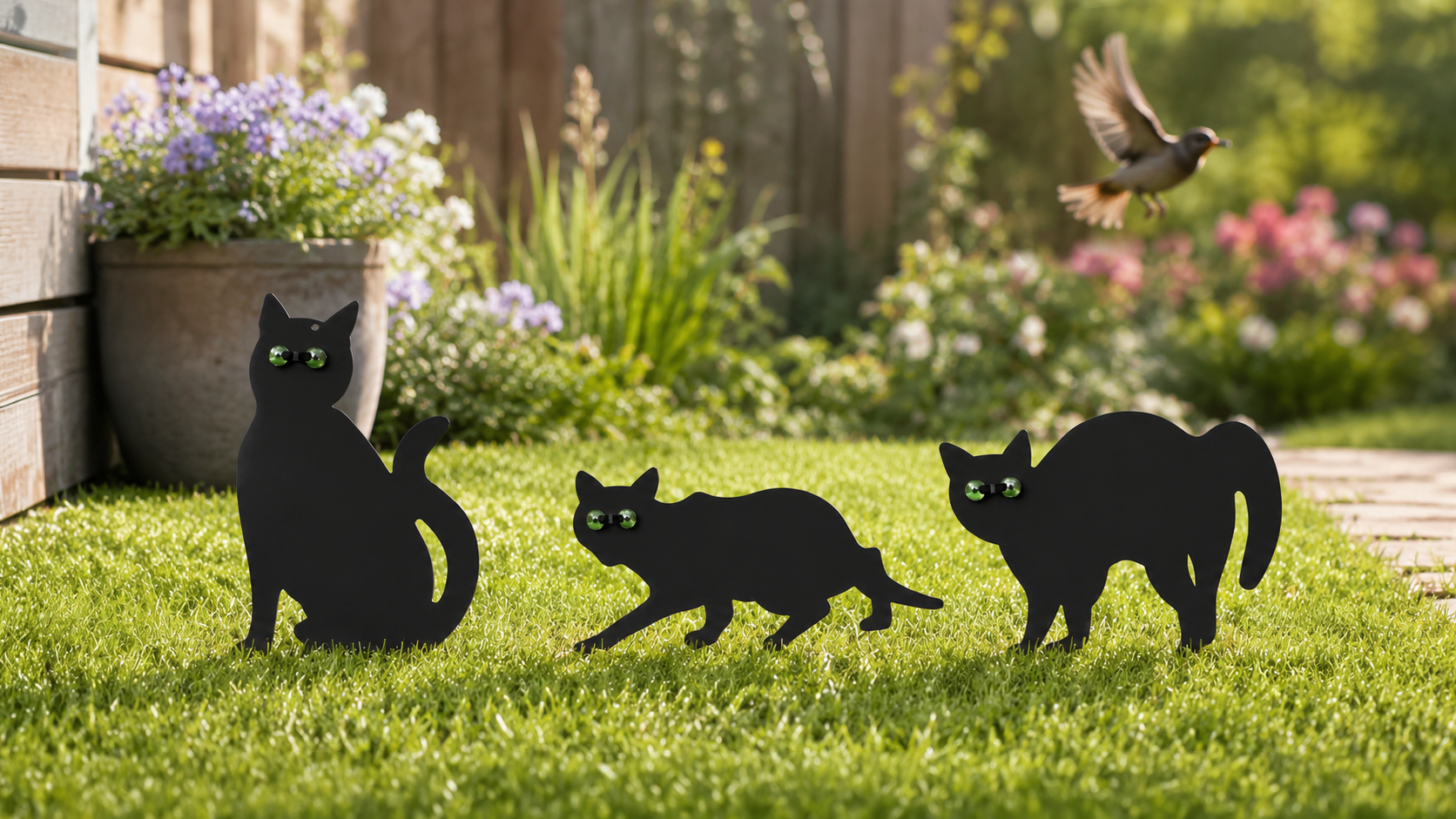 3 metal cats bird scarers on grass 