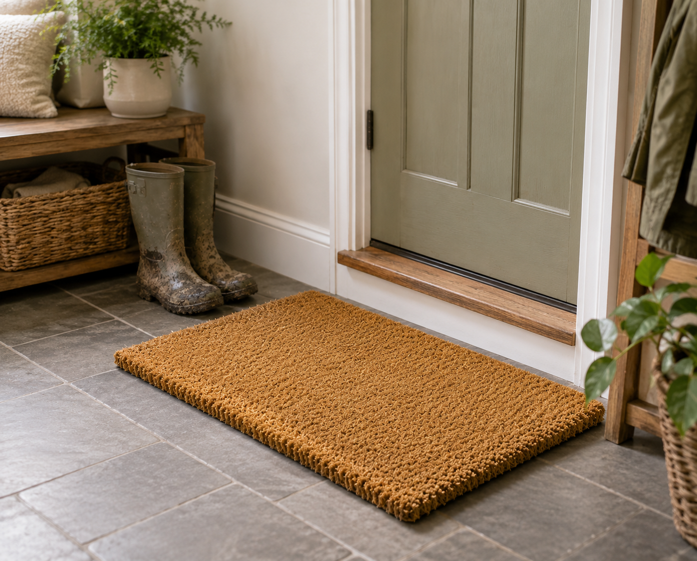 Natural coir doormat in front of a light green door in a welcoming hallway.