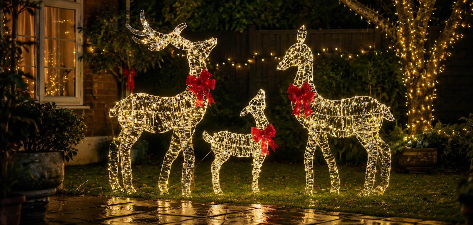 White light up reindeer standing at front door, white door open in background.