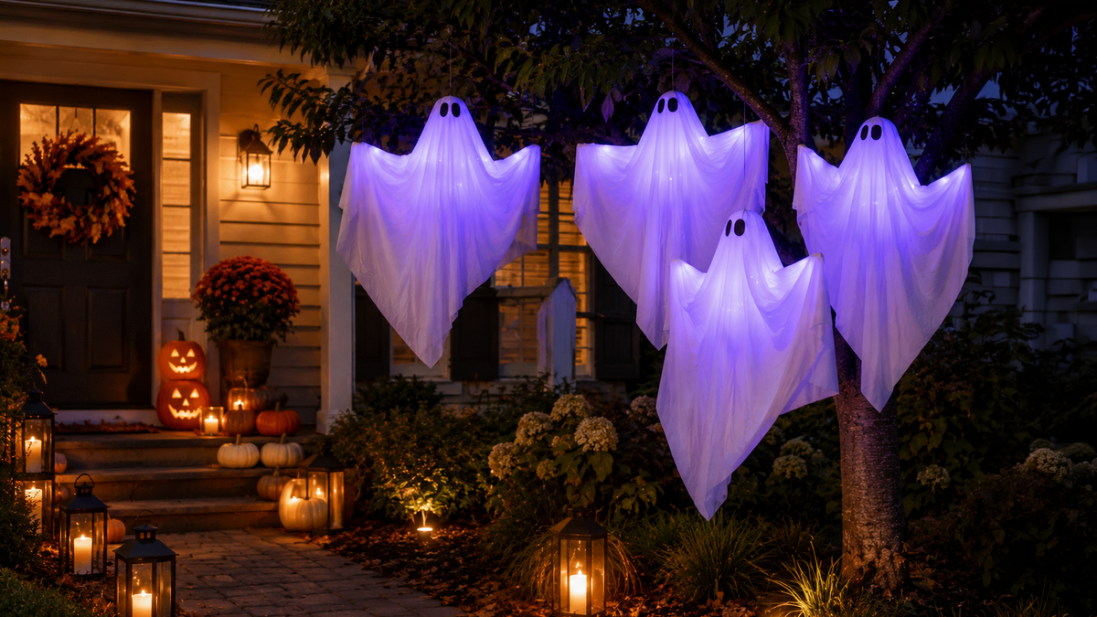 LED Hanging white ghost figures, attached from a tree, in a garden at night. 