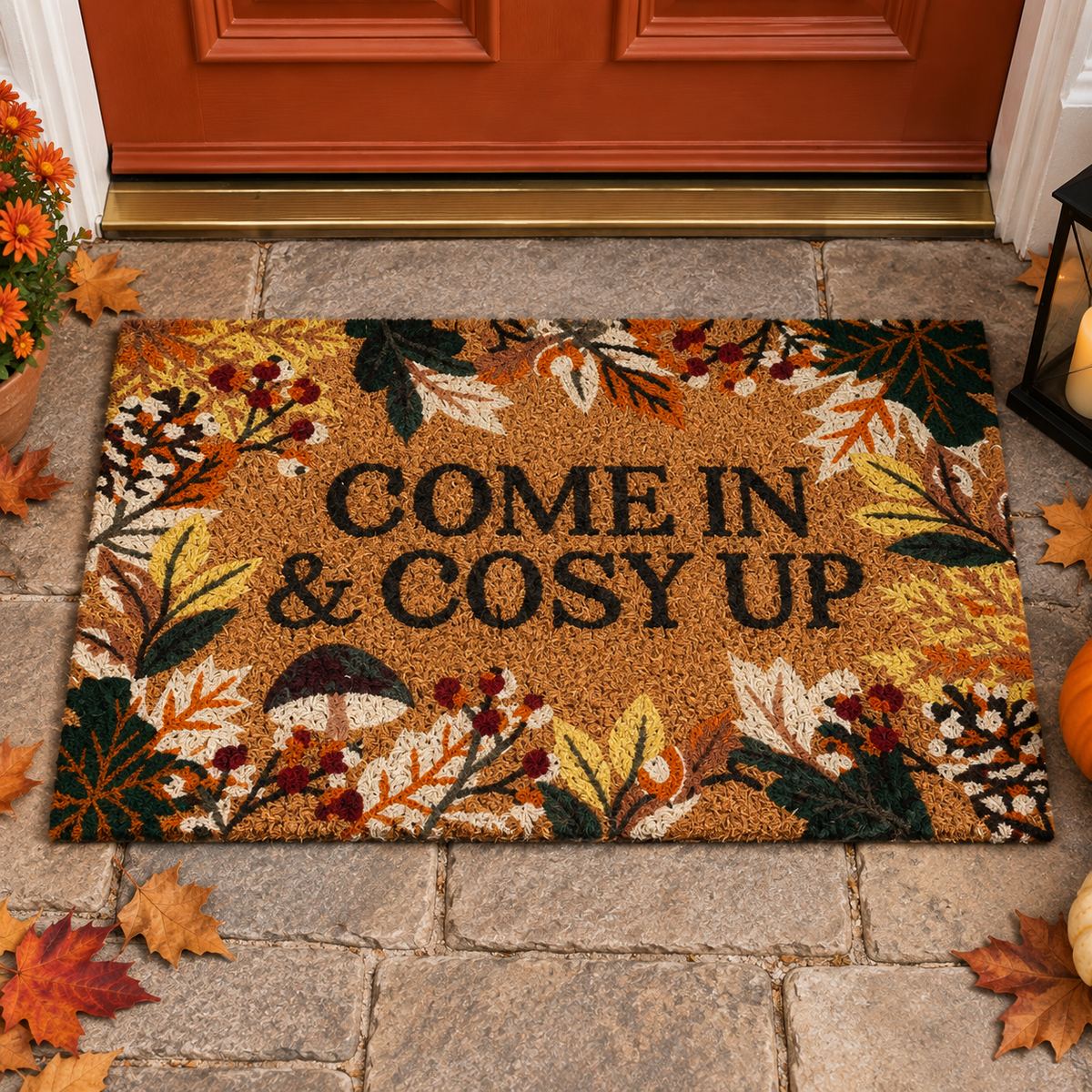 An autumn-themed coir doormat with the text 'COME IN & COSY UP' in black, surrounded by a border of fall leaves, berries, and a mushroom. The doormat is shown on a stone tile doorstep with a red front door, scattered autumn leaves, and potted flowers.