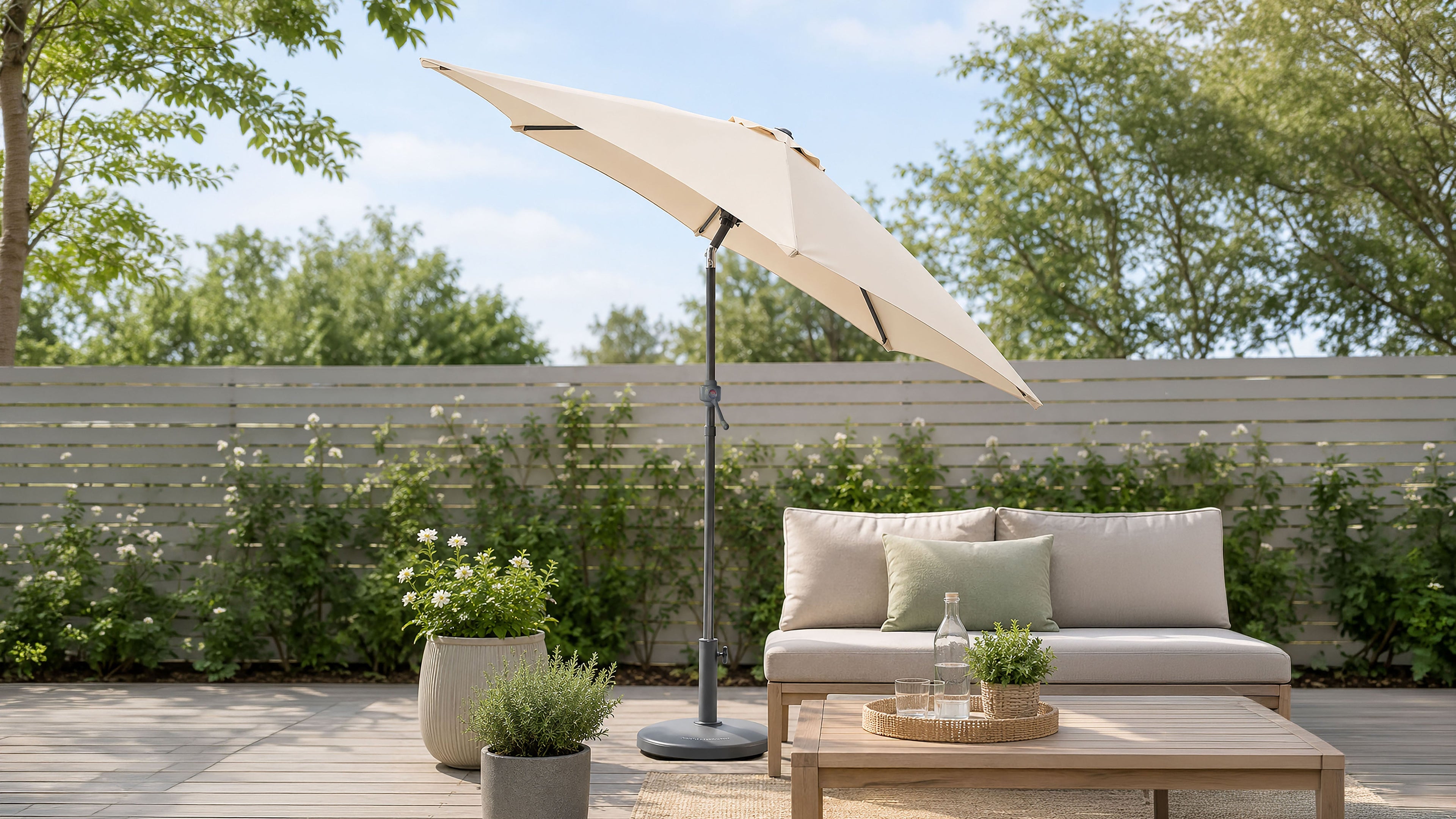 Cream parasol next to a pool and garden furniture