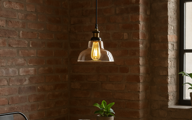 Glass lamp and light shades in-front of brick wall with window and green plant