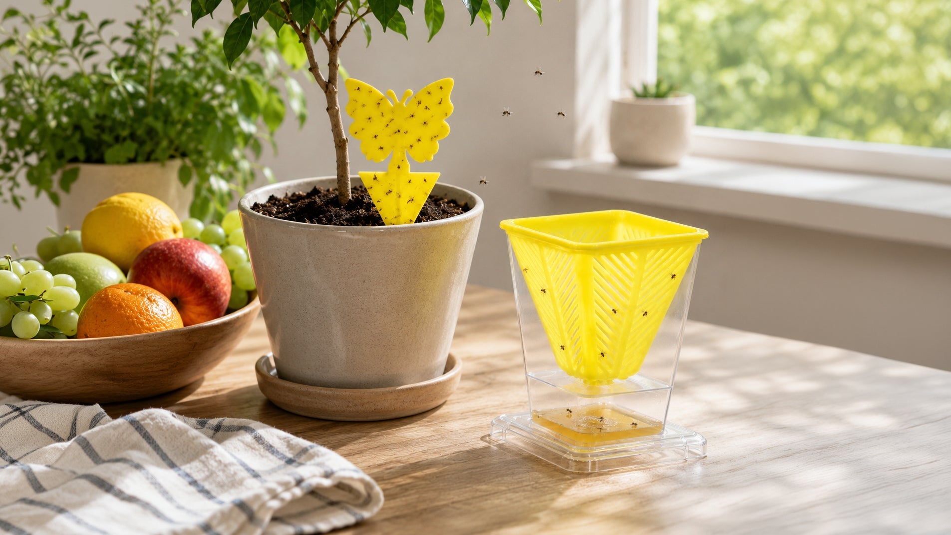 Plastic fly trap next to a fruit bowl with fruit flies hovering around, on a kitchen work top.