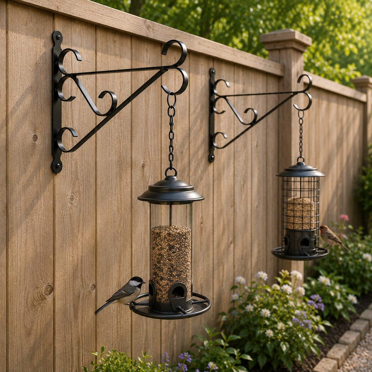 Two Black Bird Feeders hanging from Outdoor Brown Fence