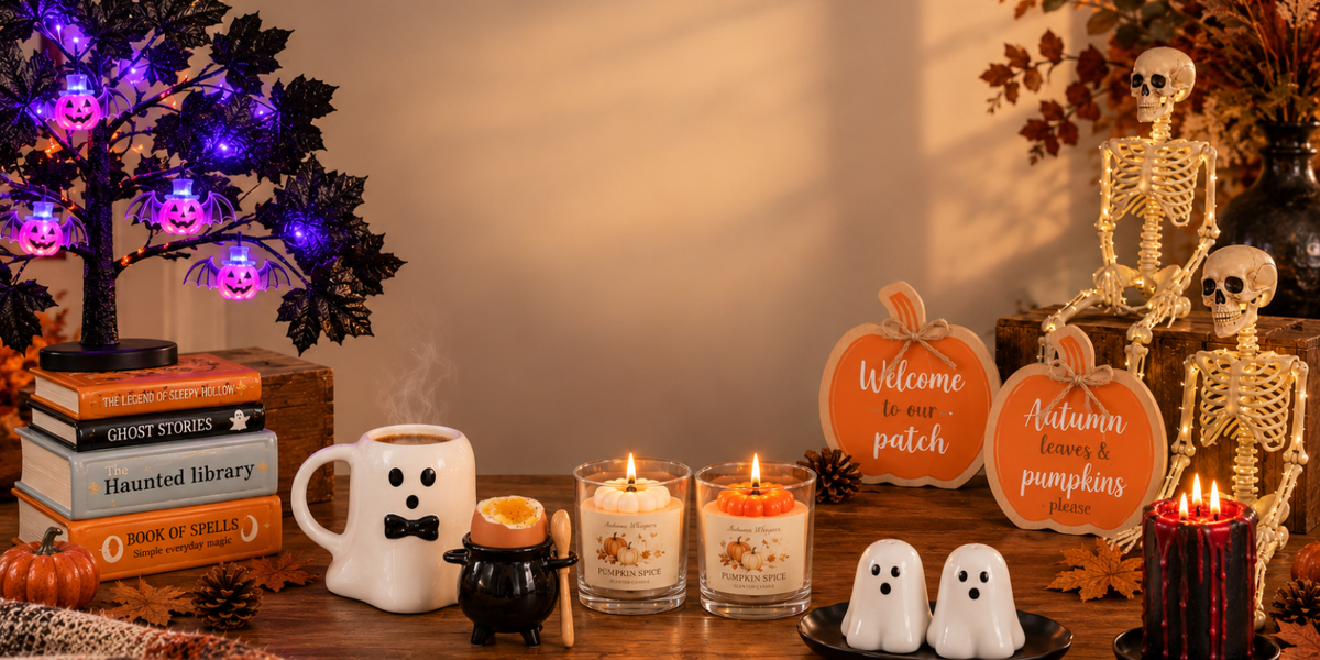 Three flameless LED pillar candles shaped like a white bell candle and two small pumpkin candles in sage green and orange, styled on a wooden table with autumn leaves, a knitted blanket, and a vase.