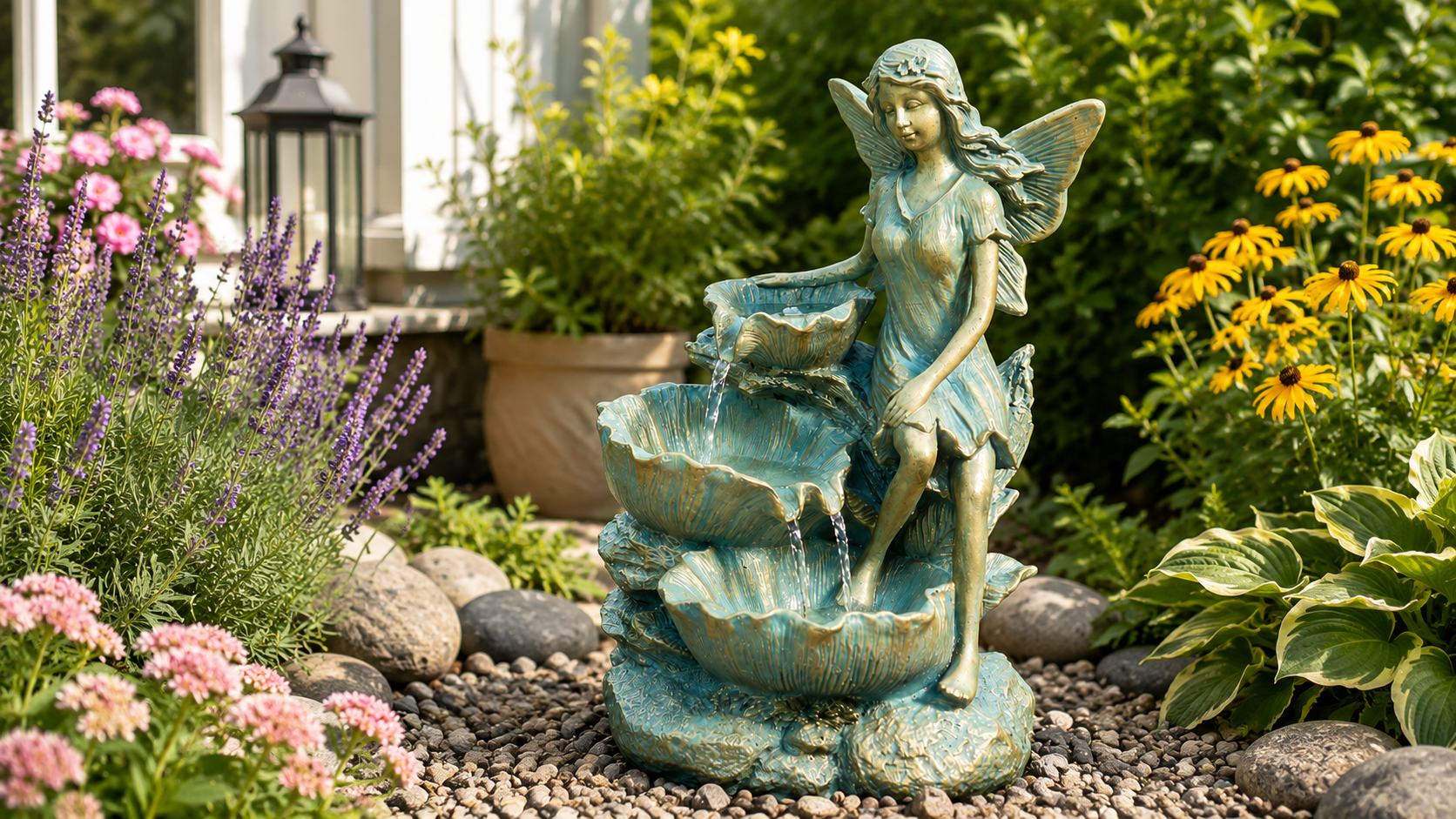 Solar water fountain with two figures under an umbrella with water splashing