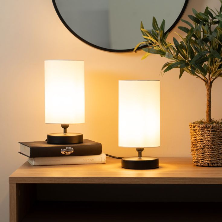 Touch lamps duo sitting side by side one on a book, sitting on top of a cabinet and with a mirror and tree
