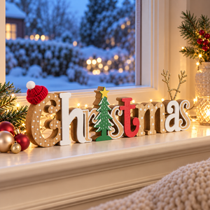 Wooden Christmas letter decor spelling 'Christmas' arranged on a windowsill with warm string lights, a green tree ornament, red ornaments, and a snowy outdoor view in the background.