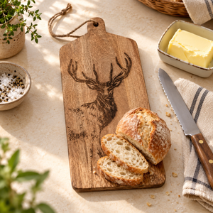 A wooden cutting board with a carved deer head design, styled with a rustic loaf of bread, a knife, butter, and herbs on a light stone surface.