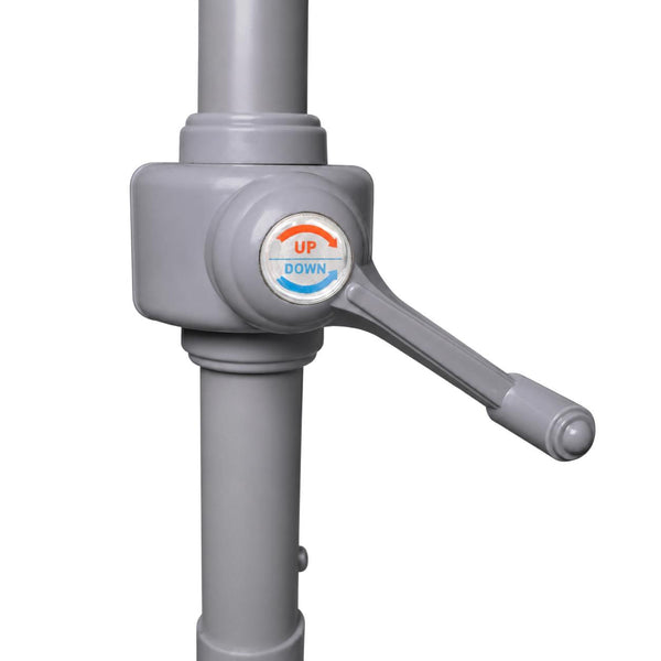 A gray plastic manual pump handle with a round control knob featuring 'UP' in orange and 'DOWN' in blue, set against a plain white background.
