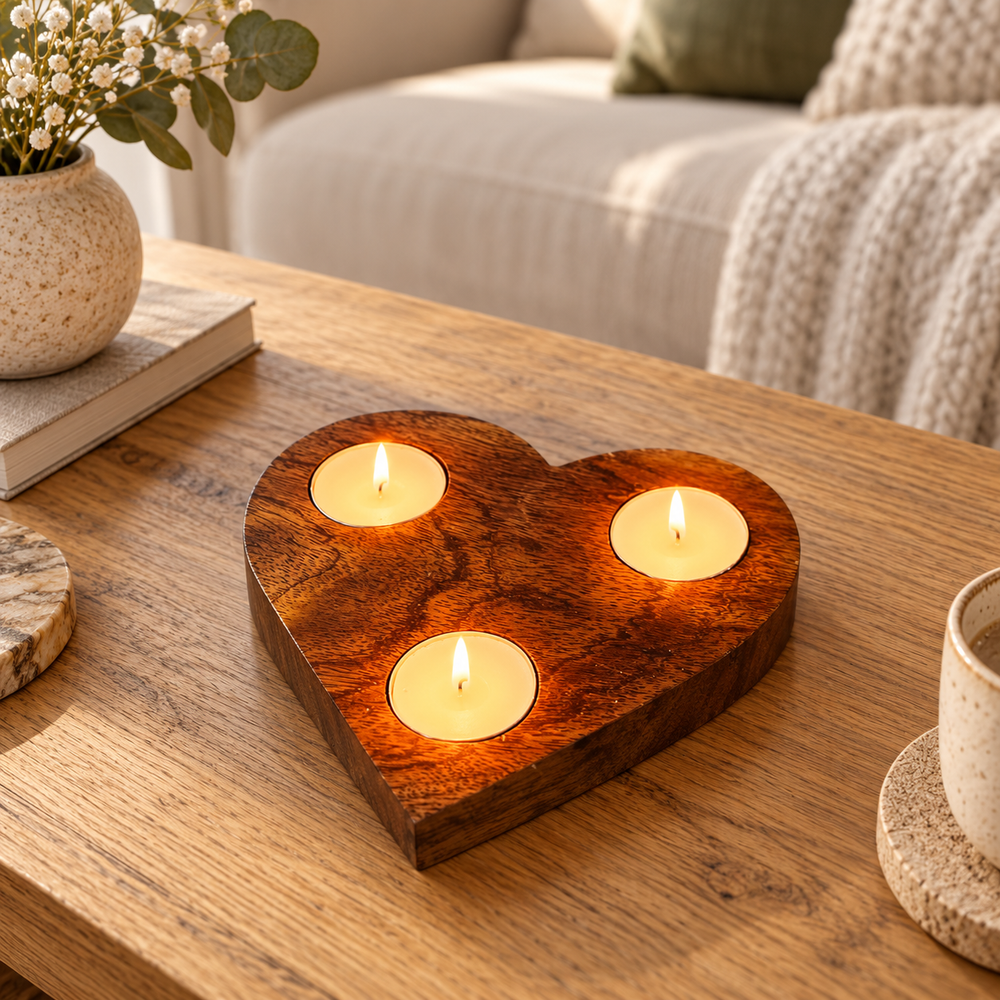 Heart-shaped wooden candle holder with three lit tealight candles, styled on a stone mantelpiece next to a ceramic vase with baby's breath.