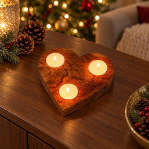 A heart-shaped wooden candle holder with three lit tealight candles, placed on a dark wooden table in a cozy holiday setting with pinecones, a blurred Christmas tree, and warm ambient lights.
