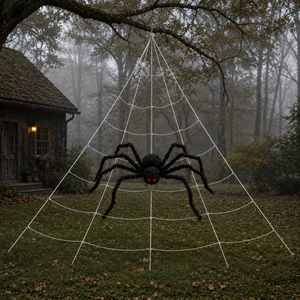 A large black spider decoration with glowing red eyes hangs in the center of a white outdoor spiderweb set on a foggy lawn, with a rustic cabin and trees in the background.