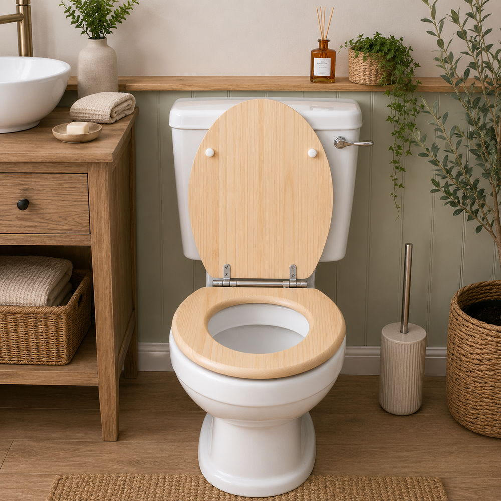 Light pine wood effect MDF toilet seat with soft close lid