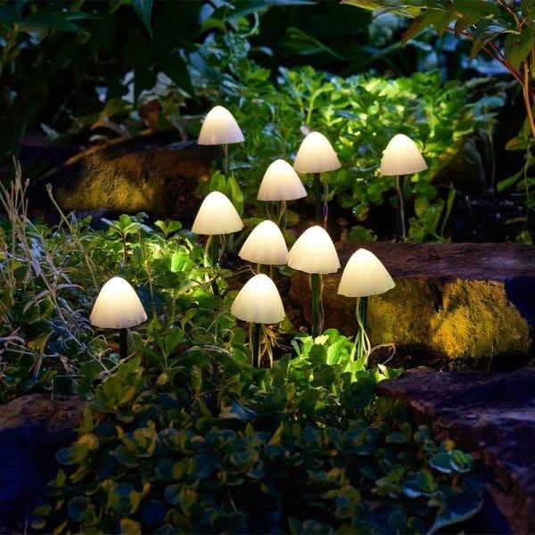 Ten LumiShroom solar mushroom stake lights