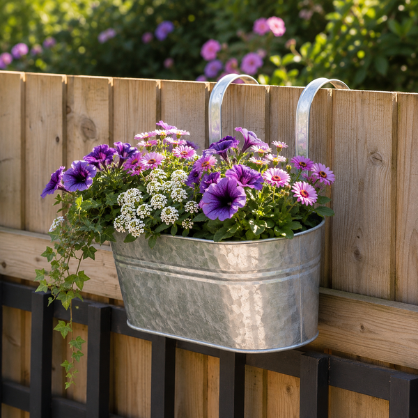 Metal planter with purple and white flowers hanging on a wooden fence.