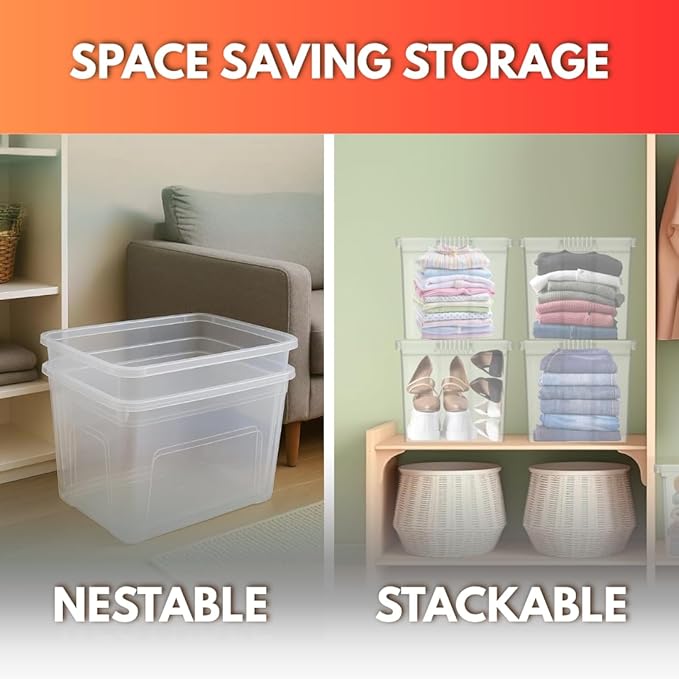 Clear plastic storage box with a lid on a white background