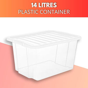 14 litres plastic container with a white lid on a peach background
