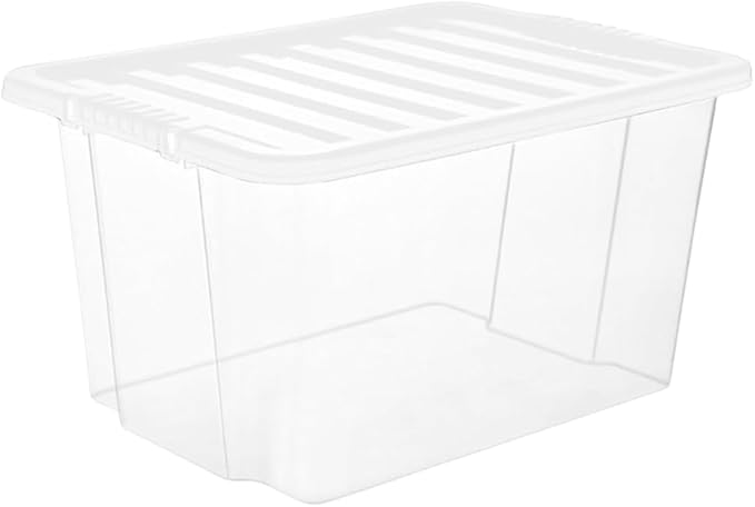 Clear plastic storage box with a lid on a white background