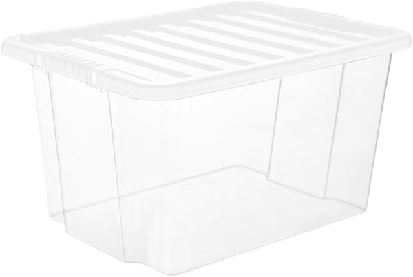 Clear plastic storage box with a lid on a white background