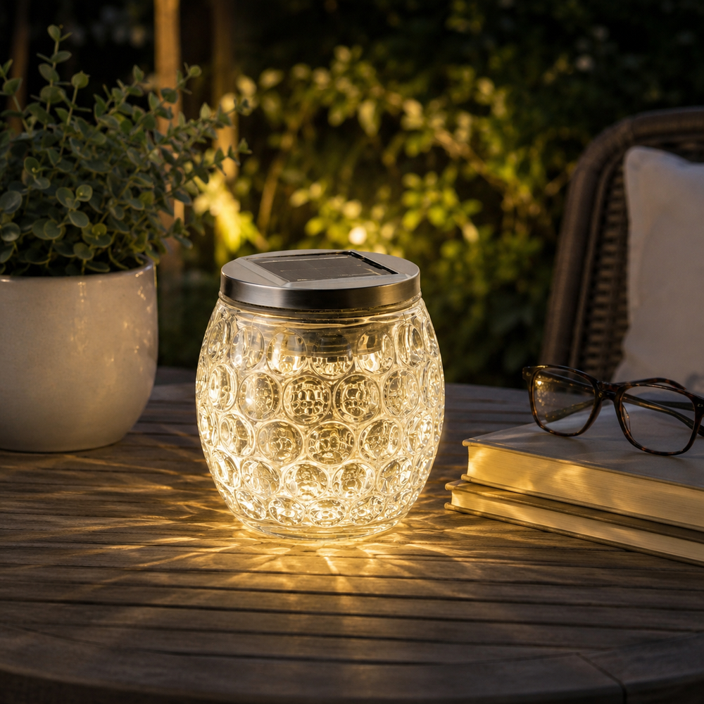 Solar-powered decorative lamp on a wooden surface with plants and books in the background