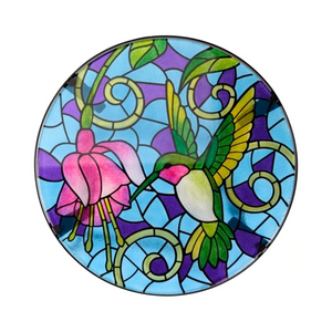Colorful circular design with a hummingbird and pink flower on a stained-glass style background.