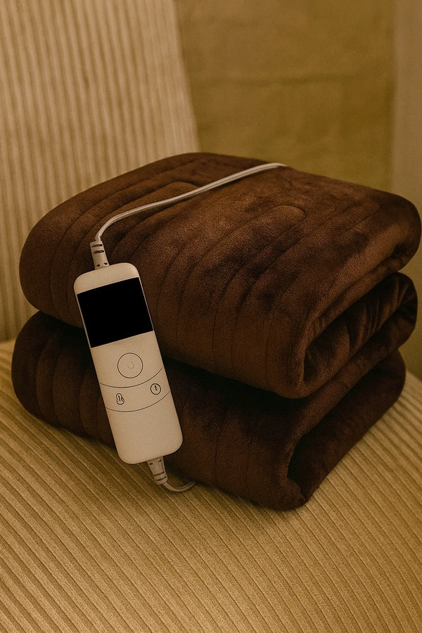 Brown electric throw displayed across a sofa