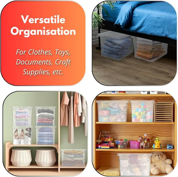 Collage of storage solutions for clothes, toys, documents, and craft supplies with text on a red background.