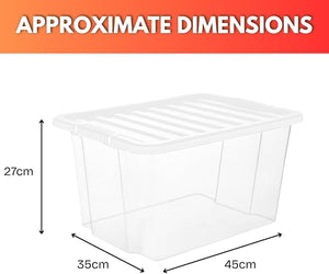Clear storage box with dimensions labeled on a white background