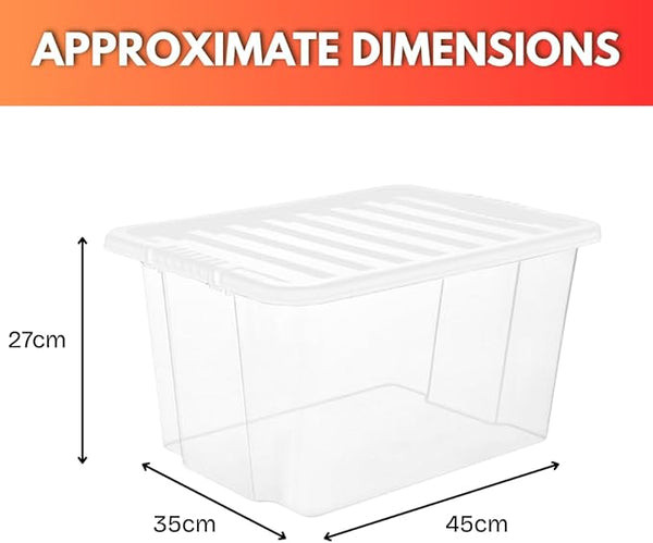 Clear storage box with dimensions labeled on a white background