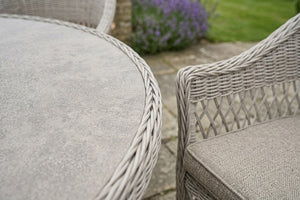 Wicker outdoor chairs with gray cushions on a patio
