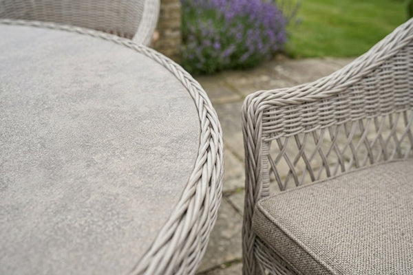 Wicker outdoor chairs with gray cushions on a patio
