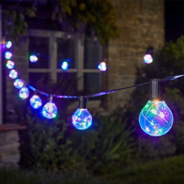 Multi coloured LED festoon string lights outdoors