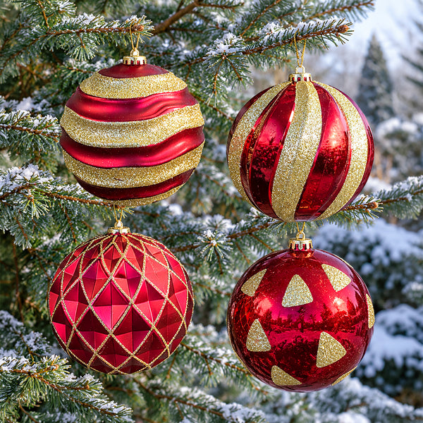 Set of four large red and gold glitter Christmas baubles hanging from an outdoor evergreen tree.