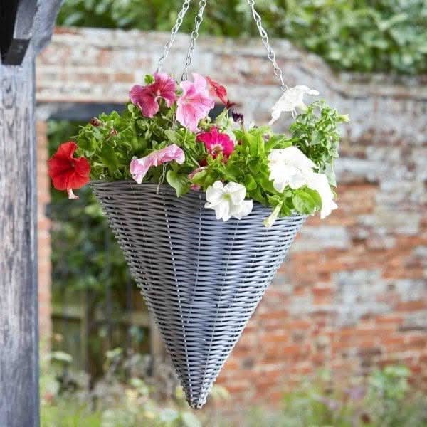 14 inch slate faux rattan cone hanging basket