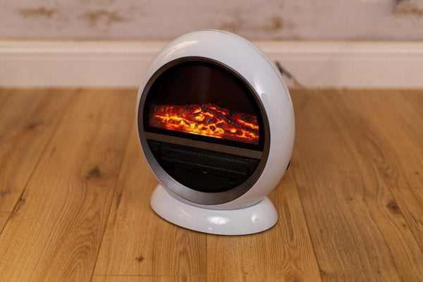 White electric fan heater with two heat settings