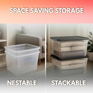 Two storage containers labeled 'Nestable' and 'Stackable' with a living room background.