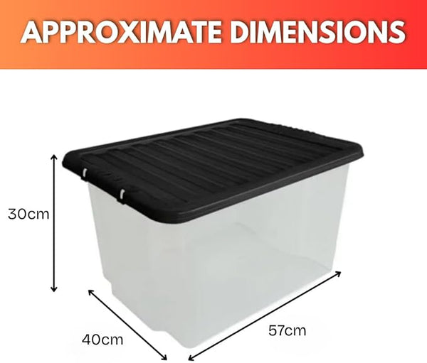 Storage box with black lid and dimensions labeled on a white background