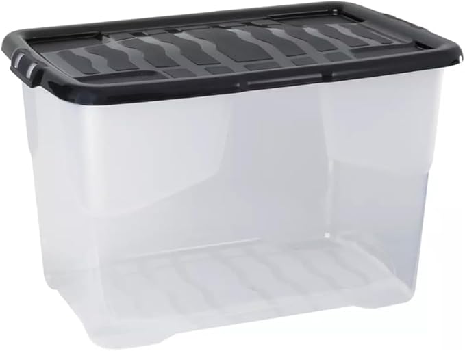 Clear storage box with a black lid on a white background