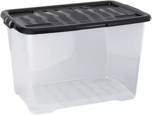 Clear storage box with a black lid on a white background