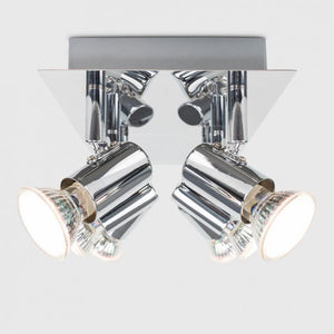 Chrome ceiling light fixture with two spotlights on a white background