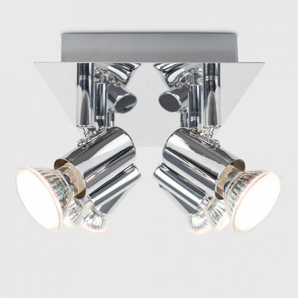 Chrome ceiling light fixture with two spotlights on a white background