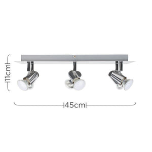 Ceiling light fixture with three spotlights and dimensions on a white background