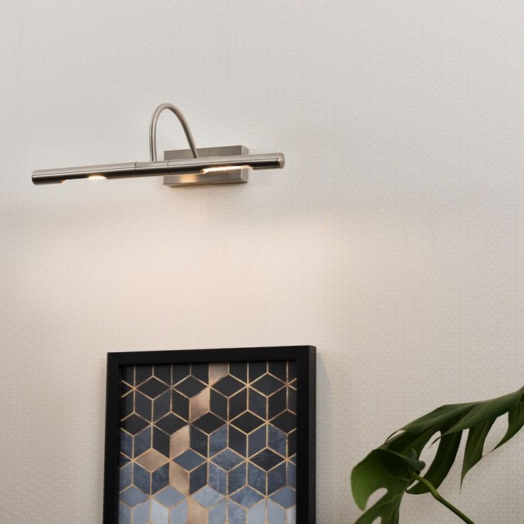 Modern wall-mounted light fixture on a neutral wall with a framed picture and plant.