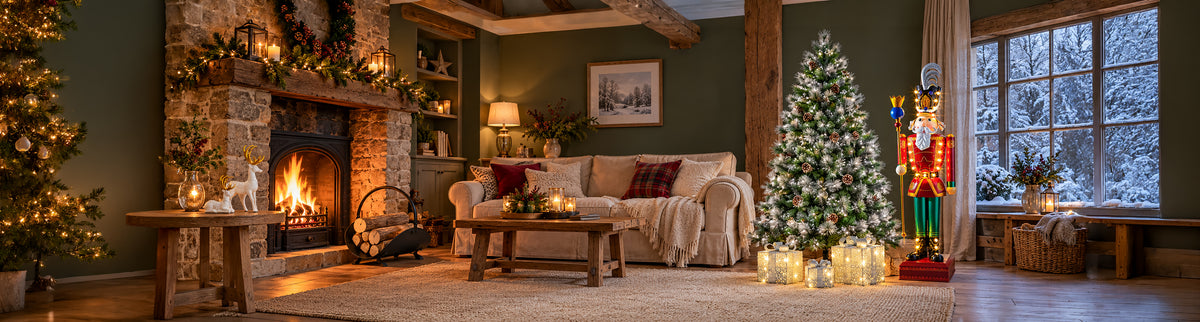 A cozy holiday living room scene with a decorated Christmas tree, nutcracker, fireplace, and warm lights in a rustic interior.