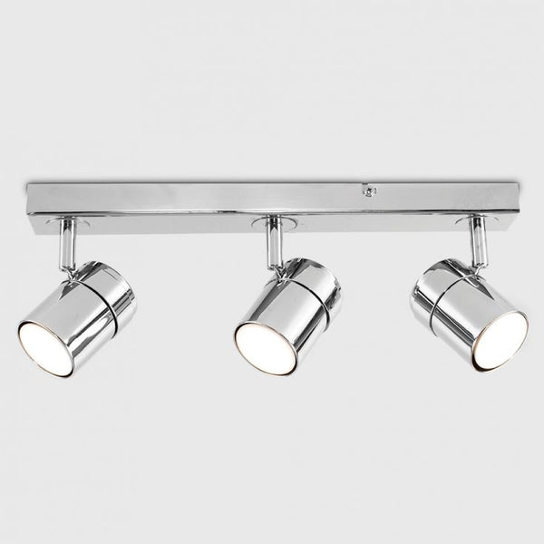 Chrome ceiling light fixture with three spotlights on a white background