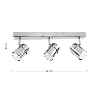 Chrome ceiling light fixture with three spotlights and dimensions on a white background